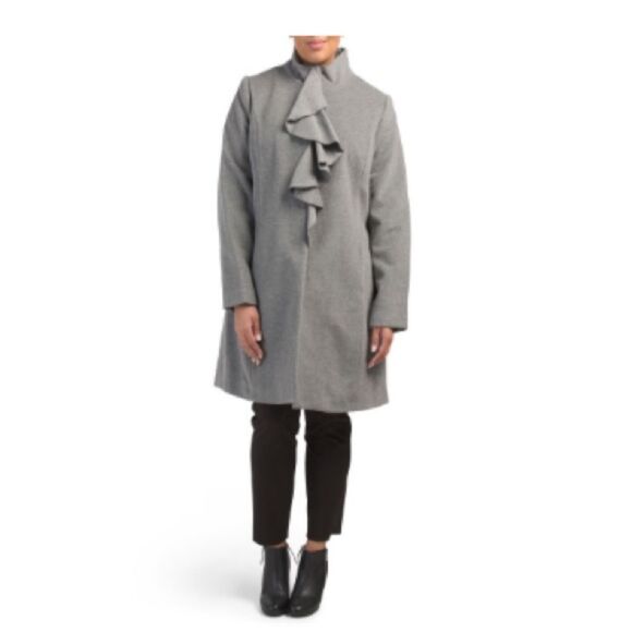 T Tahari Plus Size Kate Fall Winter Wool Cashmere Grey Coat with ruffles - Picture 2 of 12